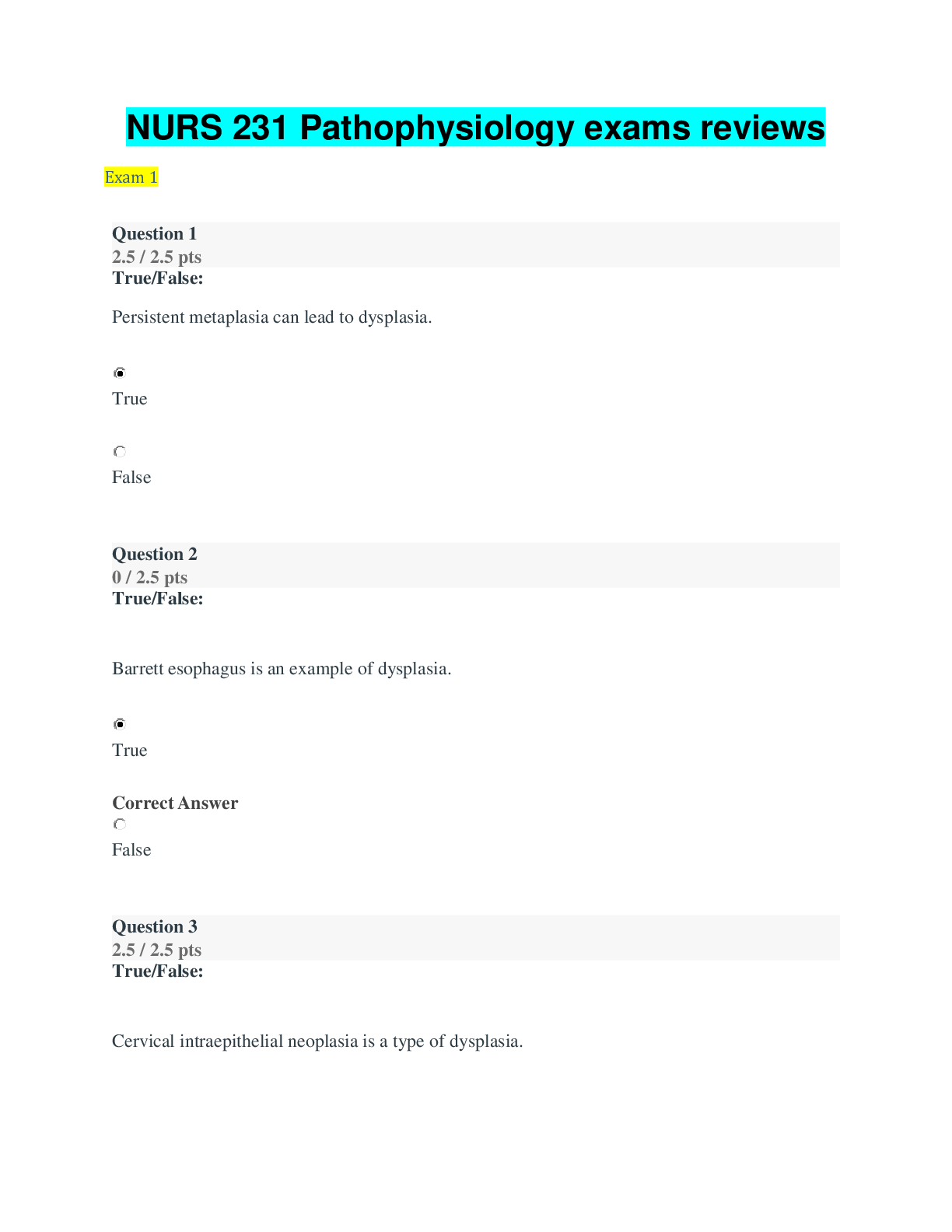 Preview image of NURS 231 Pathophysiology exams reviews document